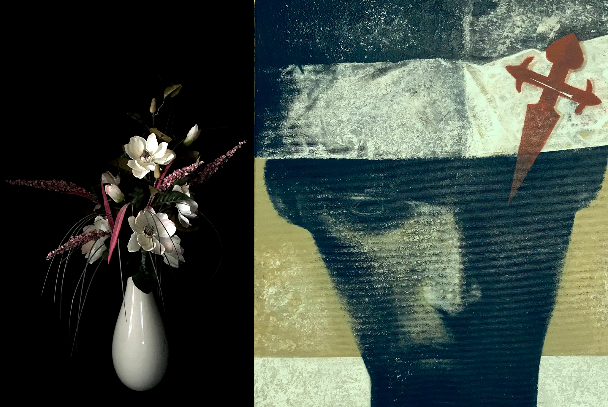 Magnolia in a white vase, Dawn Cole and Pilgrim, Graham Ward at Pie Factory Gallery